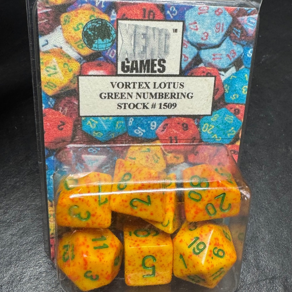 Xeno Games Vortex Lotus Dice Set Green Numbering Yellow Orange Stock RPG D&D